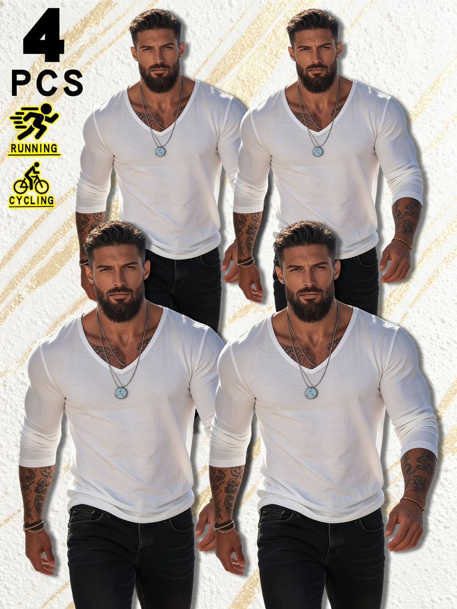 4pcs New Men's Tops, Fashionable Sporty V-Neck Long Sleeve, Spring/Summer Casual, Comfortable, Dry, Breathable, Trendy, Casual, Premium, Simple - Mixed colors