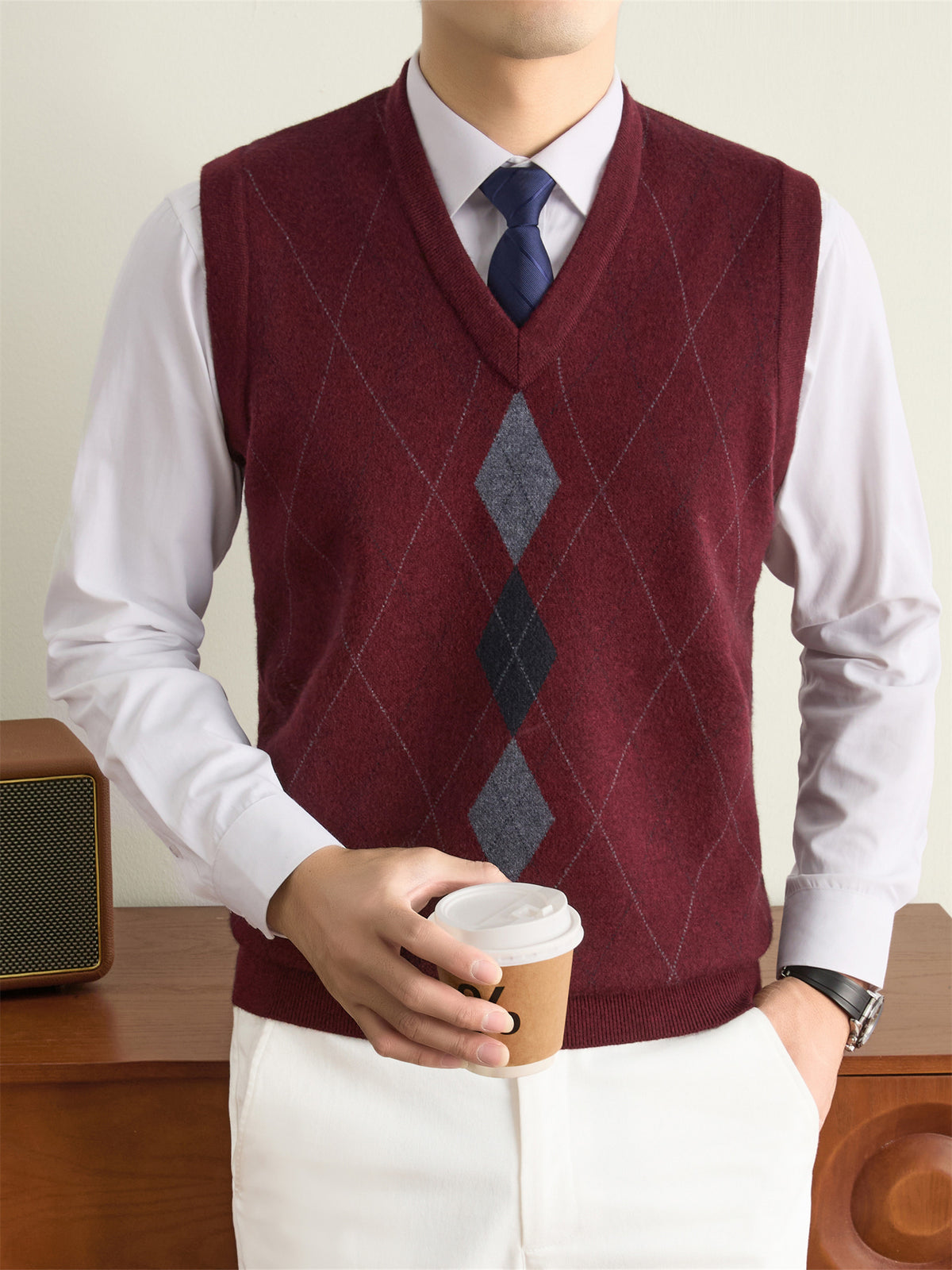 Men's Solid Color V-Neck Knit Sweater Vest - Basic Winter Warm Pullover, Casual Regular Fit Sweater Suitable for Fall/Winter Layering, Hand Washable for, Office & Outdoor Wear - Burgundy color
