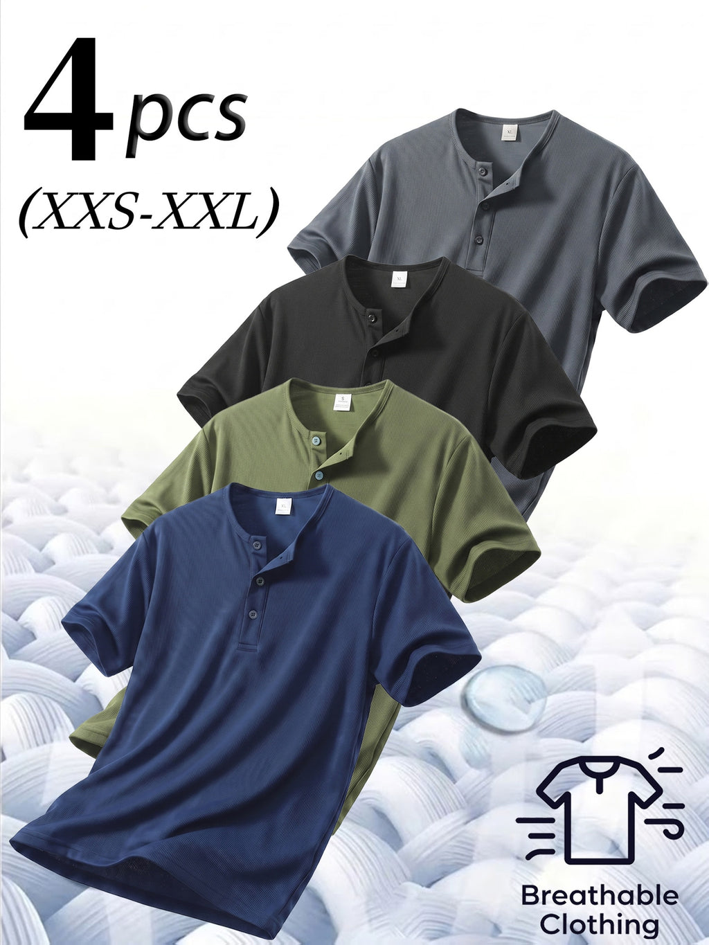 4pcs Men'S Henry Shirt Short Sleeves, Waffle Casual T-Shirts, Breathable Lightweight Summer Tops, Moisture-Wicking Summer Shirts, Gym Training Short-Sleeve Shirts - Black + Matcha Green + Navy Blue + Dark Gray