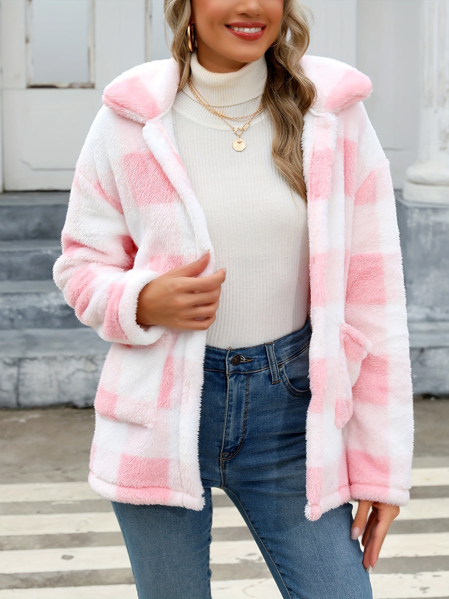 Plaid Print Patched Pockets Teddy Coat, Versatile Long Sleeve Single Breasted Winter Outwear, Women's Clothing - Pink Color