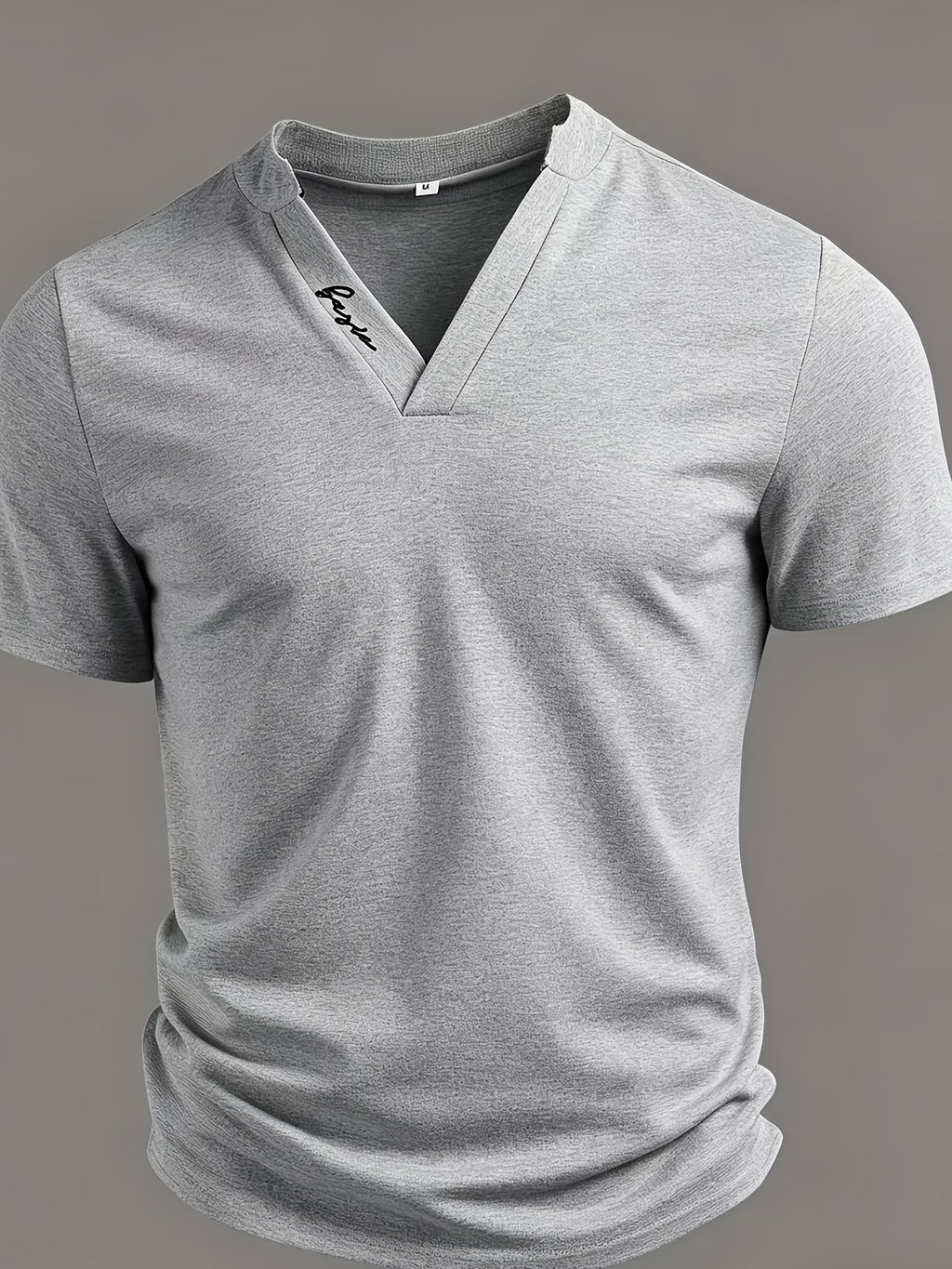 Men's Waffle Knit V-Neck Short Sleeve T-Shirt, Summer Slim Fit Breathable Casual Top, Trendy Half Open Collar - Space Gray