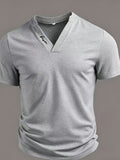 Men's Waffle Knit V-Neck Short Sleeve T-Shirt, Summer Slim Fit Breathable Casual Top, Trendy Half Open Collar - Space Gray