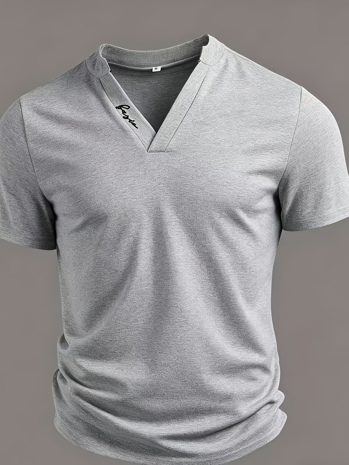 Men's Waffle Knit V-Neck Short Sleeve T-Shirt, Summer Slim Fit Breathable Casual Top, Trendy Half Open Collar - Space Gray