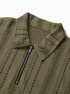 Men's Summer Knit Polo Shirt, Fashion Vertical Jacquard Stripe, Half-Zip Geometric Texture, Suitable for Trips, Business Occasions & Evening Dates - Men's Knit Polo Shirt (Dark Green)