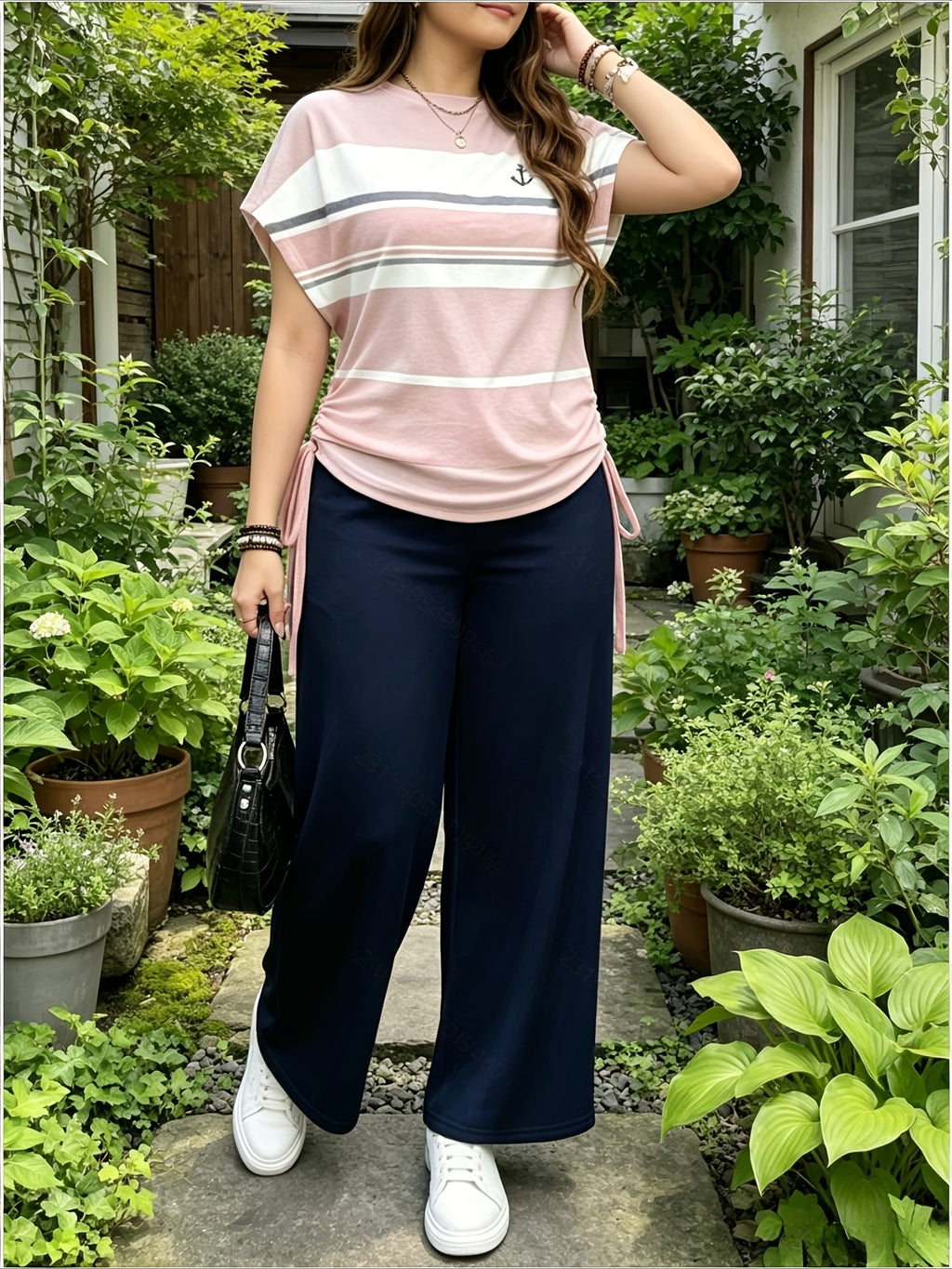 Ladies Two-Piece Set - Casual Minimalist Vacation Style Two-Piece Set - Red And Blue Stripe Design, Suitable for Summer And Autumn Transition Wear, Bow Side Drawstring - Mixed Color 8