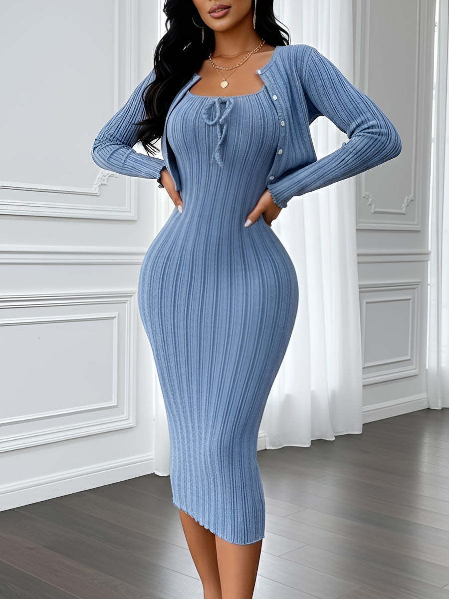 Women's Casual Simple Fashion Textured Solid Color Bow Tie Camisole Dress with Short Coat Two-Piece Set - Blue