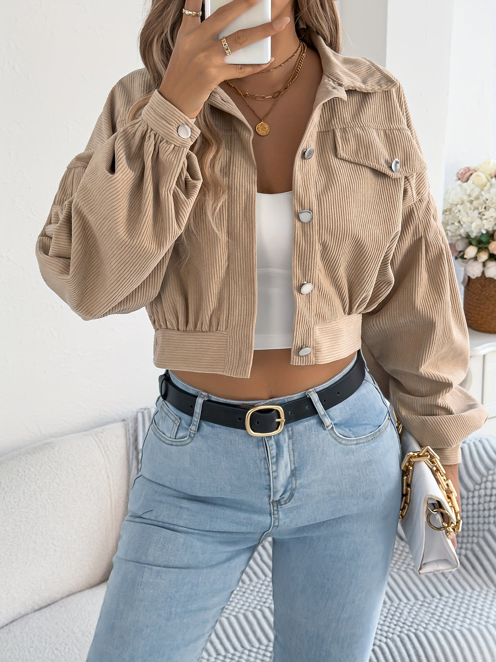 Spring Autumn Casual Vacation Solid Color Single Breasted Lantern Long Sleeve Corduroy Short Coat Women'S Jacket - Khaki