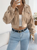 Spring Autumn Casual Vacation Solid Color Single Breasted Lantern Long Sleeve Corduroy Short Coat Women'S Jacket - Khaki