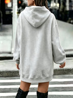 Long Printed Hooded Sweatshirt Dress Women'S Autumn Winter Thickened Fleece Top Women'S Versatile Loose Casual Long Sleeve Hoodie - Grey