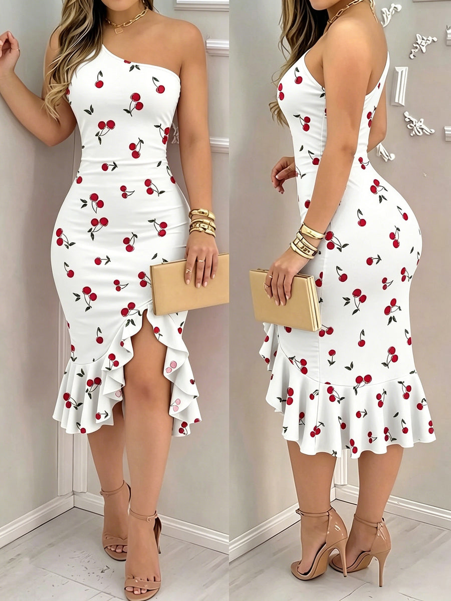 Women's Elegant Slim-Fit Asymmetrical Hem Ruffled Collar Dress - Summer Cherry Blossom Print, Suitable for Daily Dates - Mixed colors