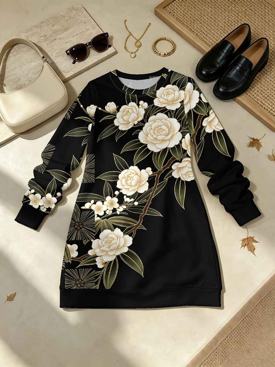 White Rose Branch Women'S All Over Print Long Sleeve Dress, Slight Stretch Crew Neck A Line Straight Hem, Versatile for Commute, Home & Dating - Multicolor