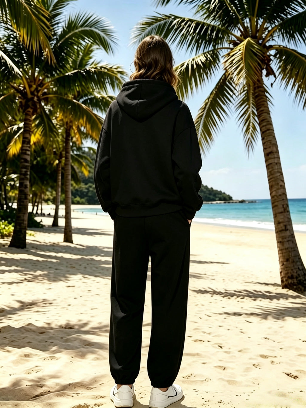 Lazy Style Loose Sweatshirt and Sweatpants Set, Long Sleeve Hooded Top and Jogger Pants, Daily Running Sportswear - Black sweatshirt + black sweatpants