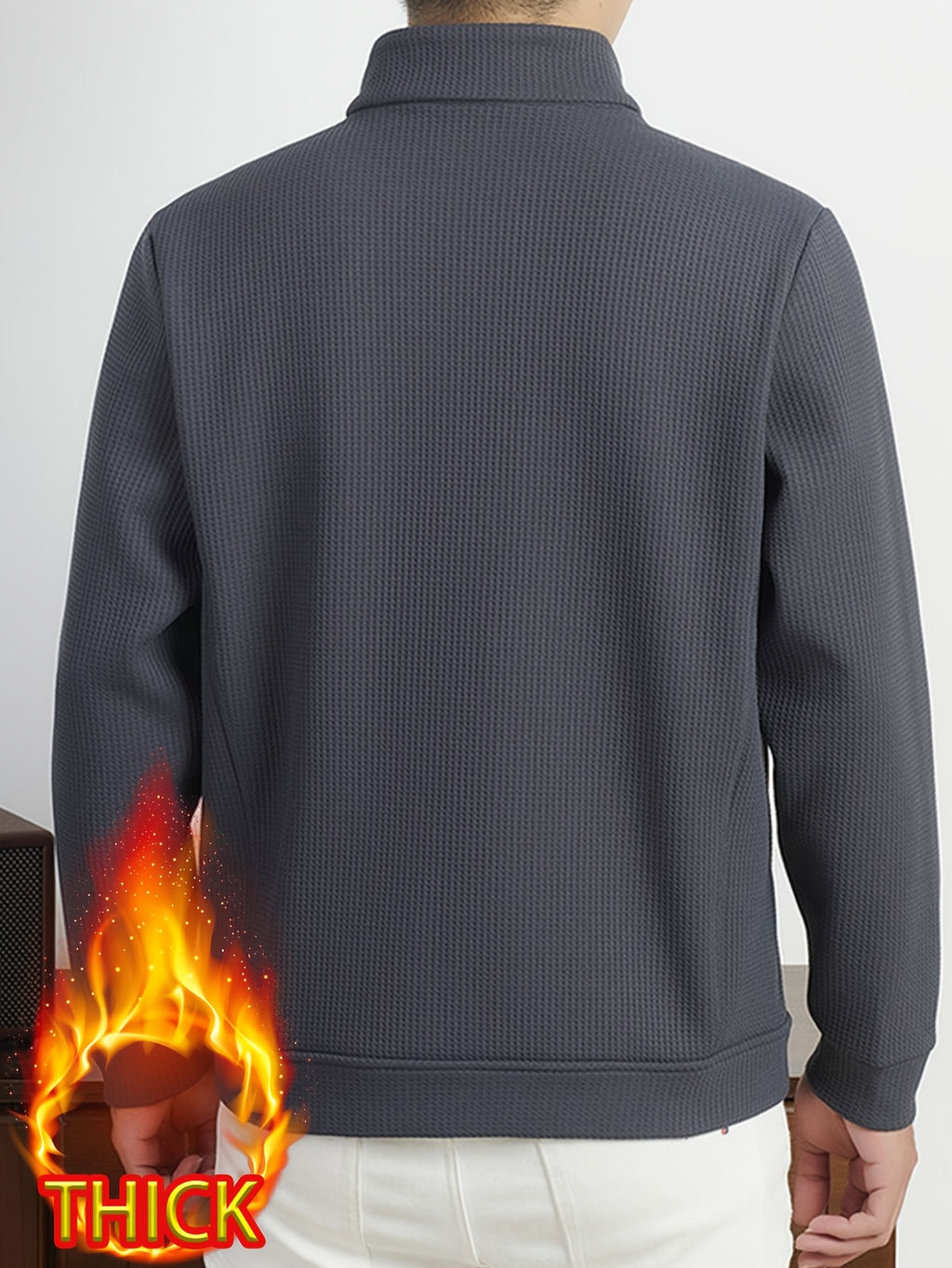 Men's Waffle Knit Stand Collar -Lined Zip-Up Jacket, Breathable and Textured, Pilling-Resistant, Loose Fit Not Tight, Suitable for Middle-Aged Men, Ideal for Casual and Commuting Wear - SINBOS - Dark Gray