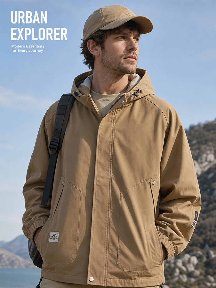 Men'S Lightweight Hooded Jacket, Casual Full-Zip Coat with Adjustable Hood And Flap Pockets, Suitable for Autumn And Winter Casual Wear - Camel