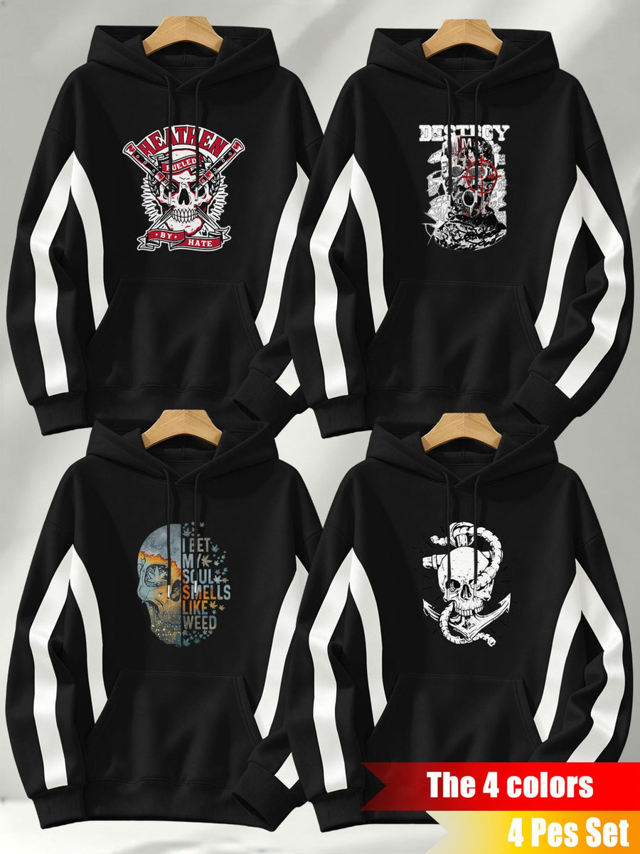 4pcs 2026 Autumn/Winter Men's Street Style Hooded Sweatshirt with Diagonal Contrast Color Line Cutting on Sleeves, Long Sleeves, Adjustable Drawstring, Large Capacity Kangaroo Pocket for Phone Storage, Skin-Friendly and Warm, Versatile Pullover - Black + Black + Black + Black