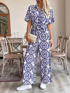 Elegant Special Edition Spring/Summer Fashion Design Ethnic Vintage Style Printed Long Jumpsuit Romper - Blue