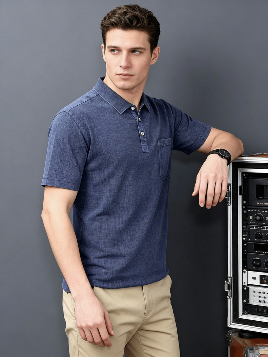 Mid-Age Men'S Washed Distressed Vintage T-Shirt Polo Shirt Top Solid Casual Top British Style with Pocket - Blue