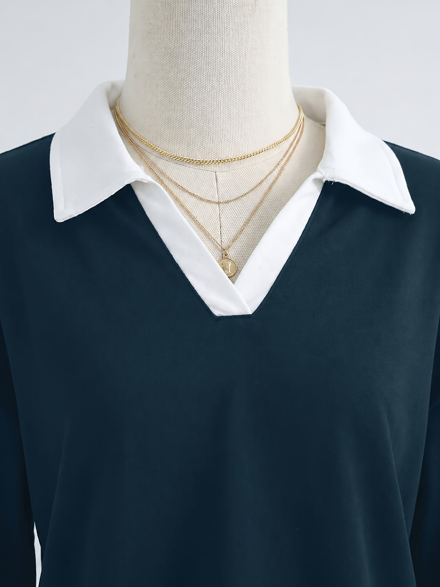 New Arrival with Atmospheric Vibe! V-neck Spliced 2-in-1 Look Polo Collar Casual Sweatshirt, Soft, Skin-Friendly, Loose Fit. Perfect for Street Strolling, Shopping, Dates, and Minimalist Commuting - A Versatile Must-Have Piece - Navy&White