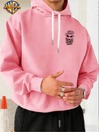 Licensed by Warner Bros., Trendy Cool Dark Distressed Joker Head, Classic Quote Slogan Bat Silhouette Street Retro Graffiti Trendy Cool Print Men'S Fashion Hooded Sweatshirt, Sleeve Print Design, Kangaroo Pocket, Drawstring Hood - Pink Color