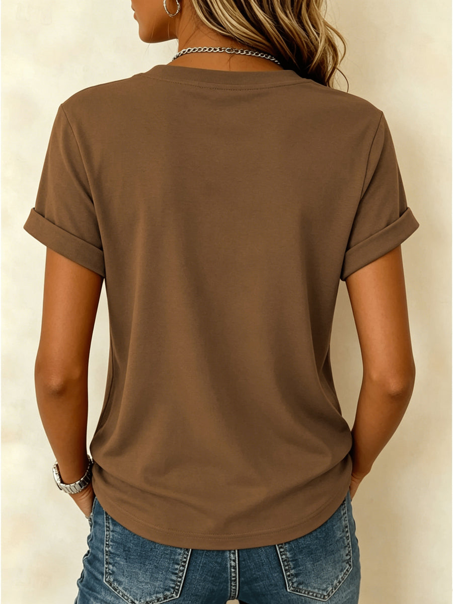 Stylish and Casual V-neck Short-sleeve T-shirt, Featuring a Galloping Horse Silhouette Print on the Left Chest, with Clean Lines Outlining the Horse's Form, Adding a Free-spirited Western Fashion Touch to the Basic Design - Coffee Brown