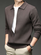 Xingfan Autumn/Winter Men's Long-Sleeve Open-Front Cardigan Lapel Business Casual Solid Color Chunky Knit Full-Zip Thickened Outerwear Jacket - Coffee Color