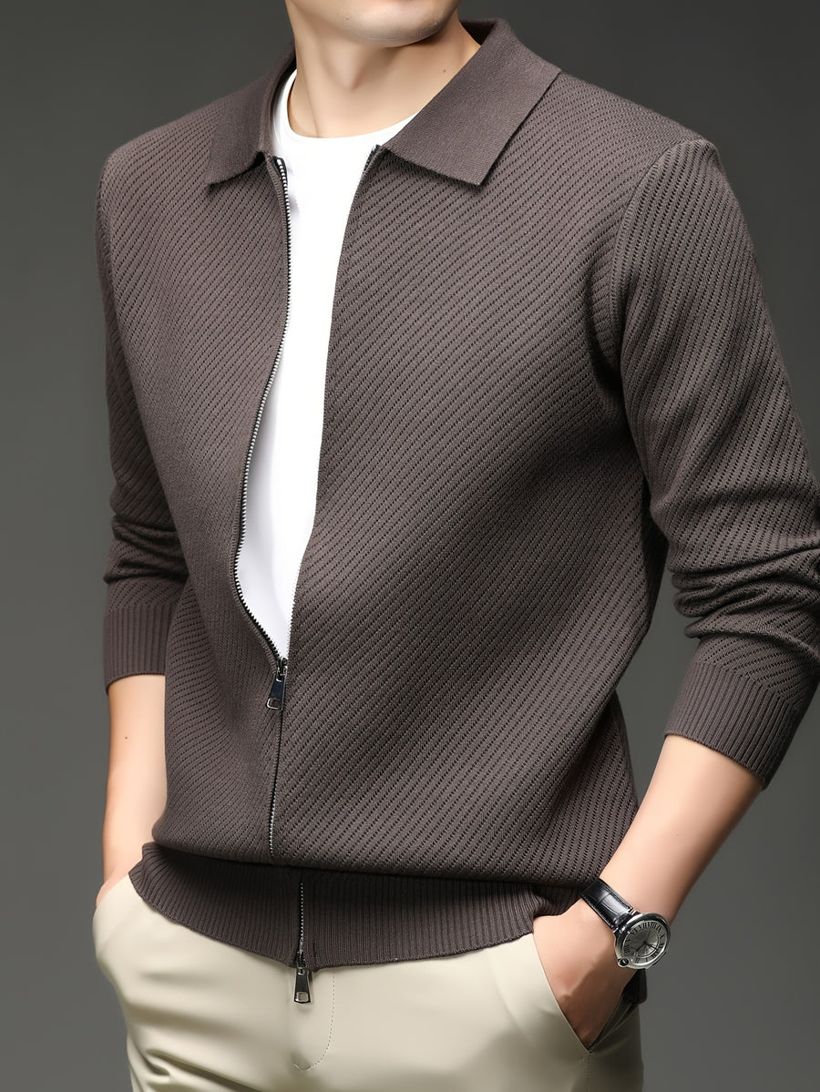 Xingfan Autumn/Winter Men's Long-Sleeve Open-Front Cardigan Lapel Business Casual Solid Color Chunky Knit Full-Zip Thickened Outerwear Jacket - Coffee Color