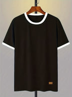 100%, Men'S Knitted Color-Block Round Neck Short-Sleeve T-Shirt, Summer Global All-Season Base Layer Factory Made Men'S Comfortable High-Fit Rate Casual Sports Contrast Patchwork Top - Black And White