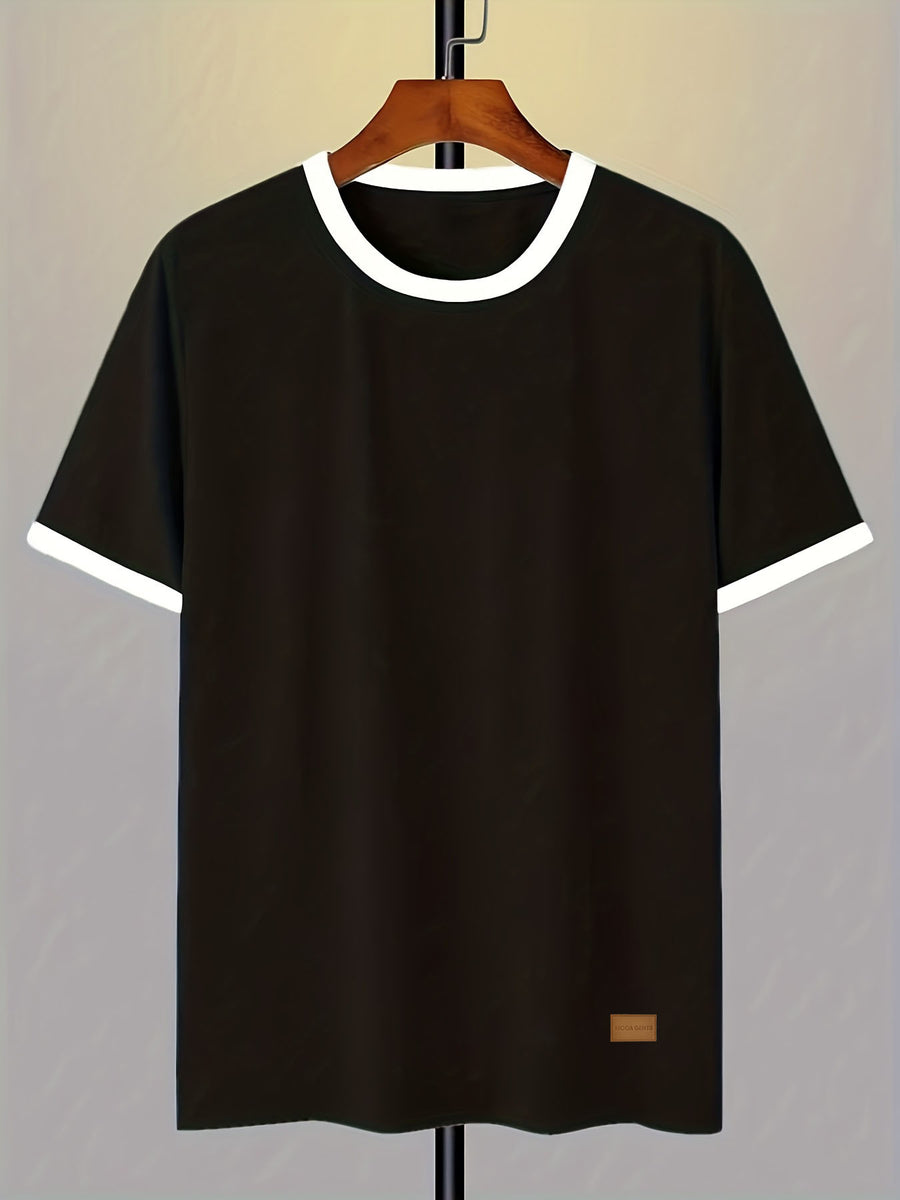 100%, Men'S Knitted Color-Block Round Neck Short-Sleeve T-Shirt, Summer Global All-Season Base Layer Factory Made Men'S Comfortable High-Fit Rate Casual Sports Contrast Patchwork Top - Black And White