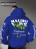 Men'S Casual Stylish Quality Hoodie Featuring The MALIBU VIBE Design with Two Palm Trees, Embodying The American California Beach Vibe Filled with Sunshine, Freedom, Knit - Colorful Blue