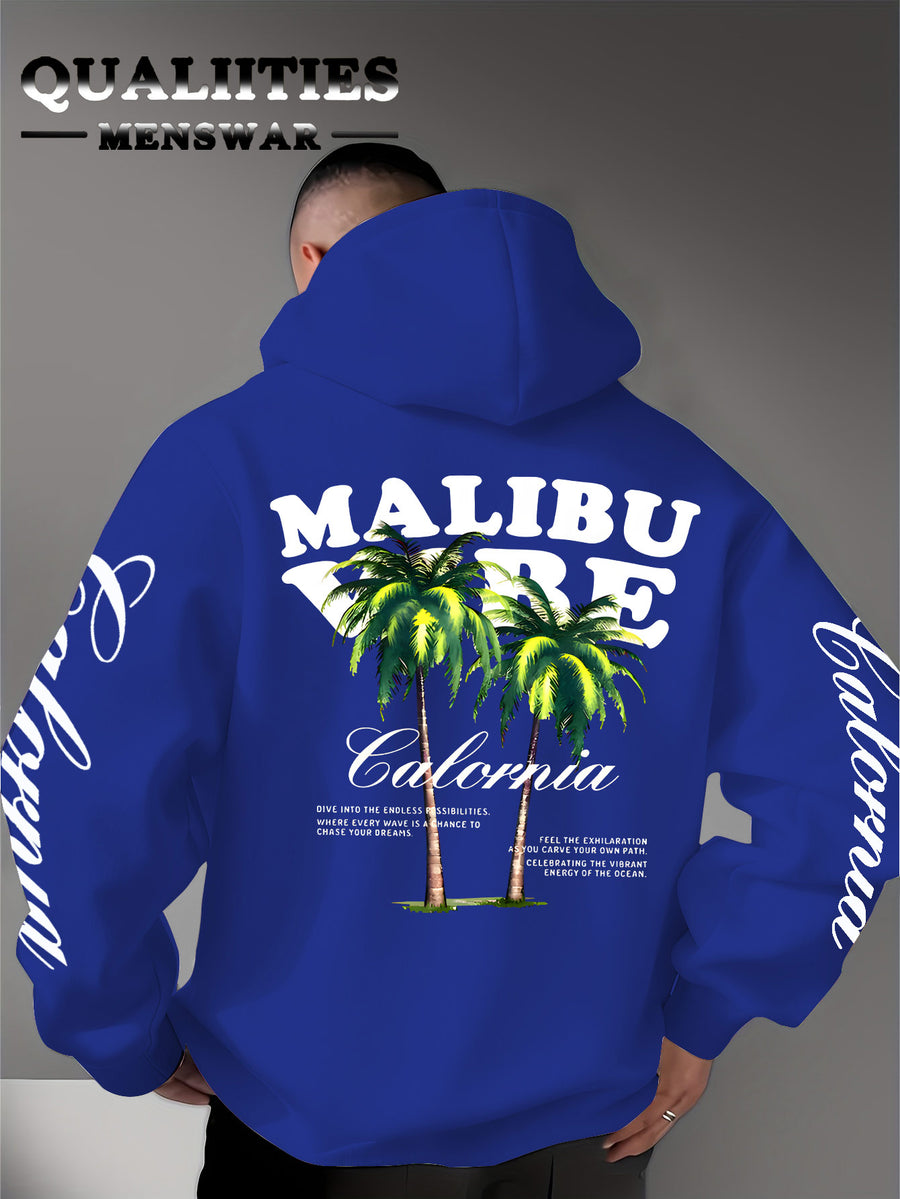 Men'S Casual Stylish Quality Hoodie Featuring The MALIBU VIBE Design with Two Palm Trees, Embodying The American California Beach Vibe Filled with Sunshine, Freedom, Knit - Colorful Blue