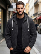 EXARUS Men'S Vintage Plaid Jacquard Hooded Zip-Up Jacket, American Casual Open Cardigan Hoodie, Individual Woven Texture Pattern, Tassel Decor Drawstring with Smooth Metal Zipper, Elastic Cuffs, Loose Casual Fit. Comfortable And Breathable Fabric - Black