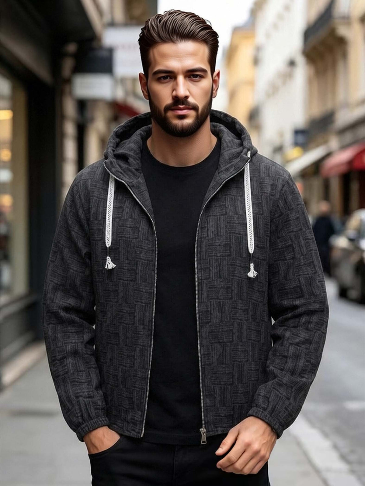 EXARUS Men'S Vintage Plaid Jacquard Hooded Zip-Up Jacket, American Casual Open Cardigan Hoodie, Individual Woven Texture Pattern, Tassel Decor Drawstring with Smooth Metal Zipper, Elastic Cuffs, Loose Casual Fit. Comfortable And Breathable Fabric - Black