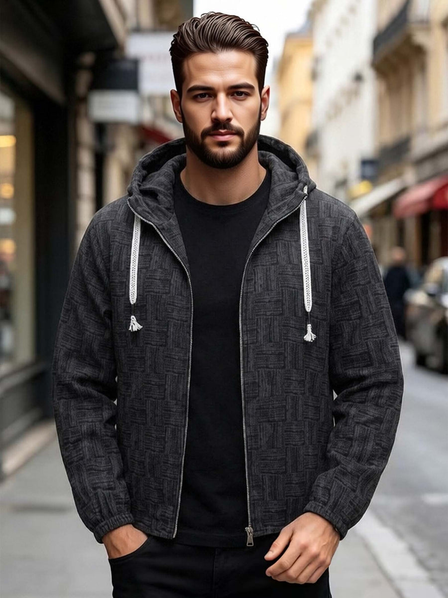 EXARUS Men'S Vintage Plaid Jacquard Hooded Zip-Up Jacket, American Casual Open Cardigan Hoodie, Individual Woven Texture Pattern, Tassel Decor Drawstring with Smooth Metal Zipper, Elastic Cuffs, Loose Casual Fit. Comfortable And Breathable Fabric - Black