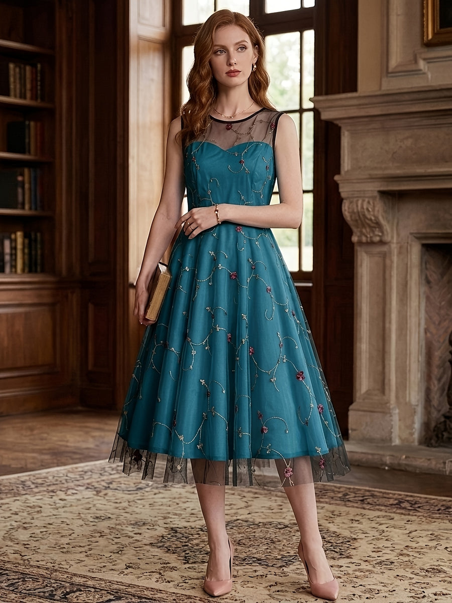 Women's Round Neck Sleeveless Mesh Embroidered Dress for Vacation, Elegant Gatherings, Parties, Floral Wedding Season, Back-to- Season, and Dates - Green