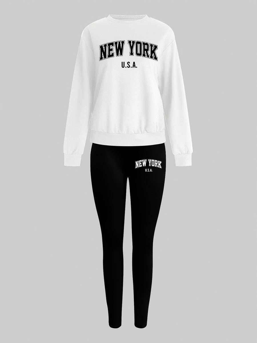 1014Gwen, 1 Set Casual Women'S Sweatshirt Set 2pcs, Letter Print, Round Neck Long Sleeve Sweatshirt, Long Leggings, Single Wear Or Layering, Suitable for Autumn Winter, Women'S Clothing - White+black