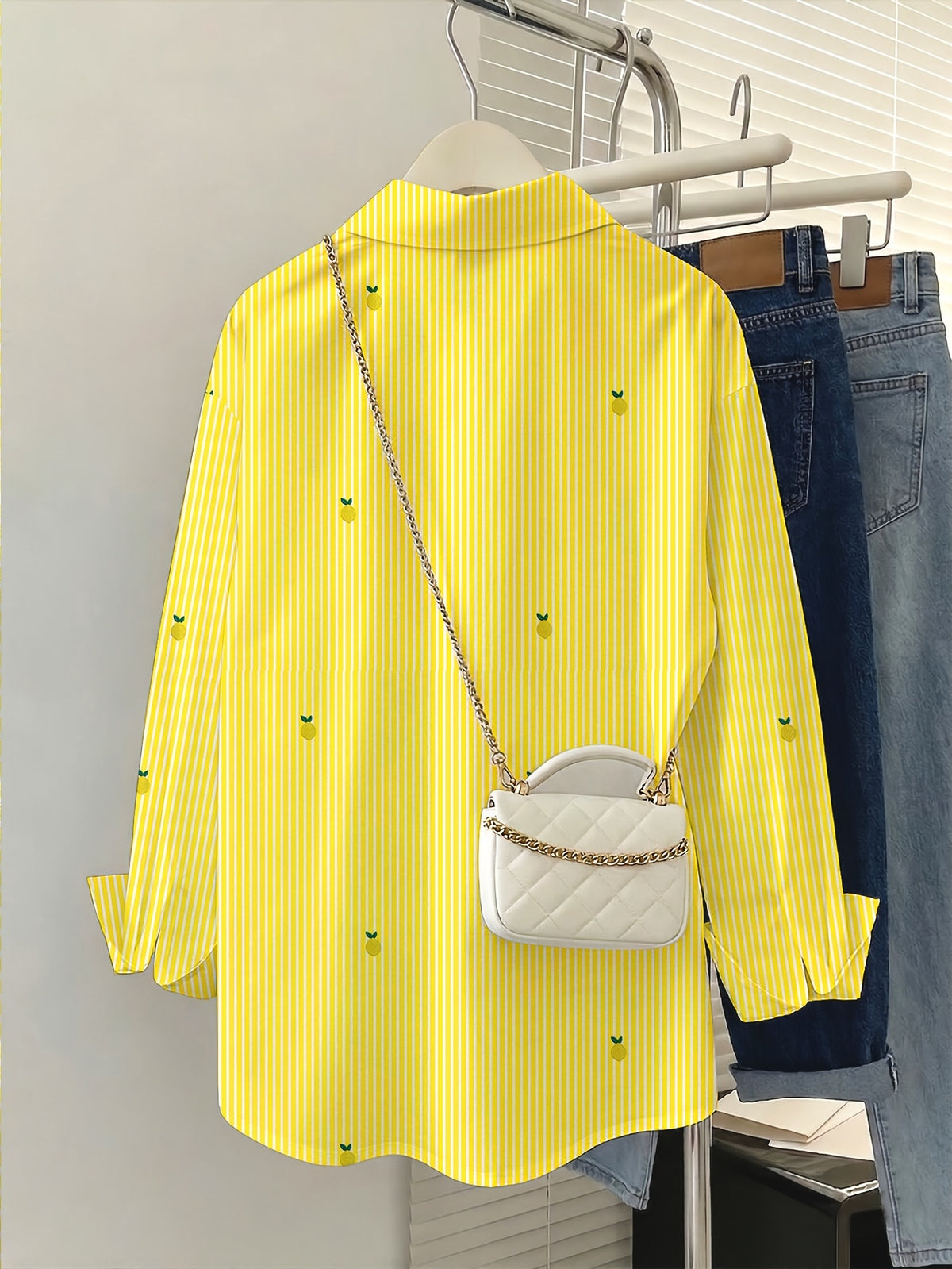 Women'S Spring Summer Striped Faux Fruit Print Shirt, Fashionable Elegant Casual Loose Long Sleeve Lapel Cardigan, Suitable for Daily Wear, Commuting, Vacation, Lightweight Comfortable Fabric - Yellow Striped Lemon