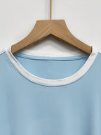 Women's Regular Shoulder-to-shoulder Fit, Round Neck, Color-blocked, Slim-fit, Simple Line Pattern Print, Trendy Niche, Casual, Minimalist, Y Short-sleeve T-shirt Top - Light Blue 2