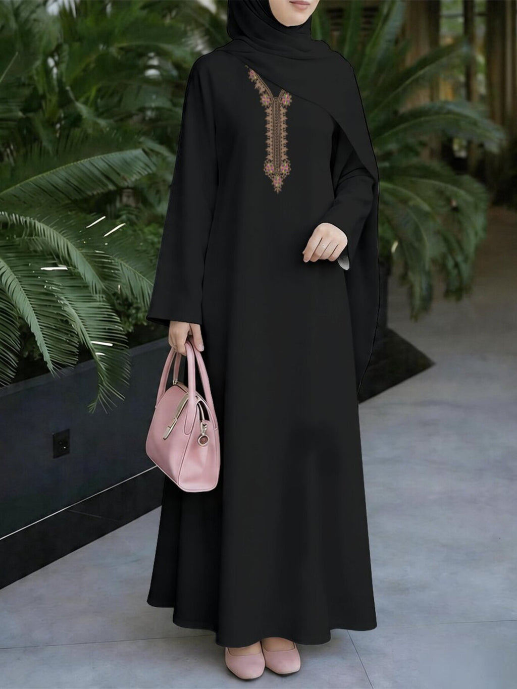 Muslim Women'S Clothing, Women'S Dress Loose Fit, Middle Eastern Traditional Robe, Dignified Elegant Muslim Long Dress, Straight Long Sleeve Long-Length Abaya, Ethnic Pattern Print Dress (Headscarf Not Included) - Mixed colors