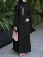 Muslim Women'S Clothing, Women'S Dress Loose Fit, Middle Eastern Traditional Robe, Dignified Elegant Muslim Long Dress, Straight Long Sleeve Long-Length Abaya, Ethnic Pattern Print Dress (Headscarf Not Included) - Mixed colors