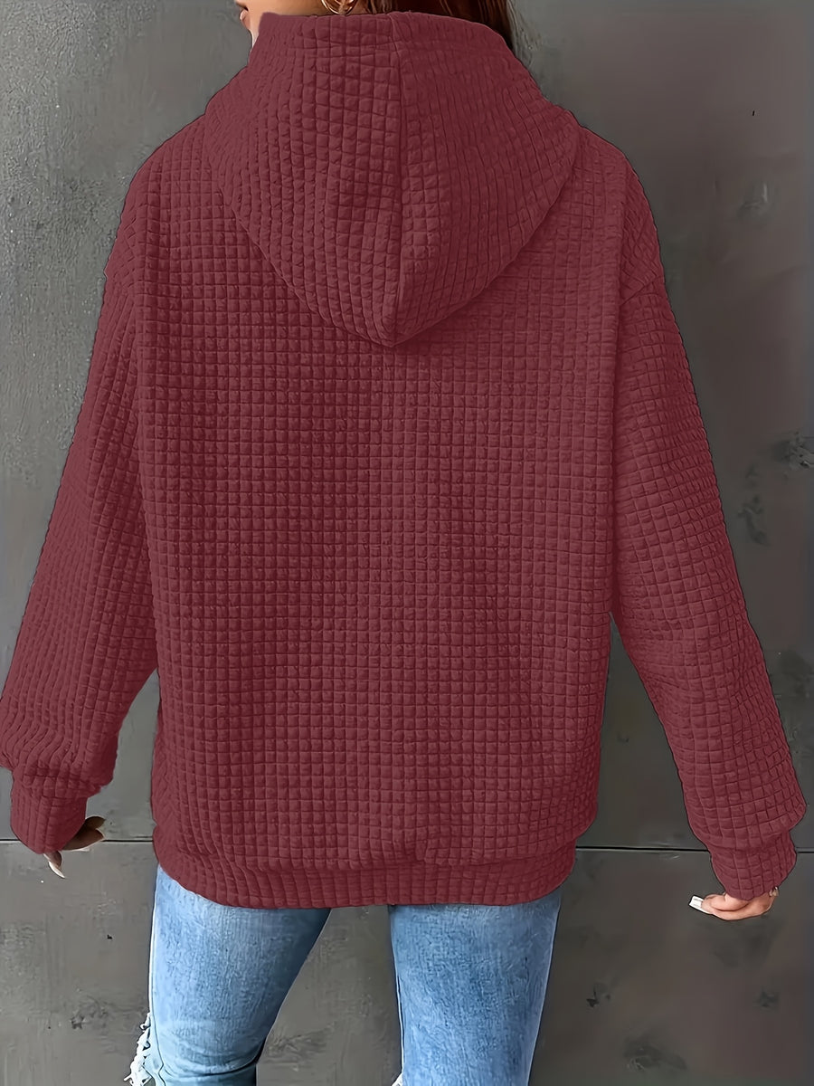 Women's Autumn/Winter Waffle Hooded Long-Sleeve Solid Color Sweatshirt - Burgundy