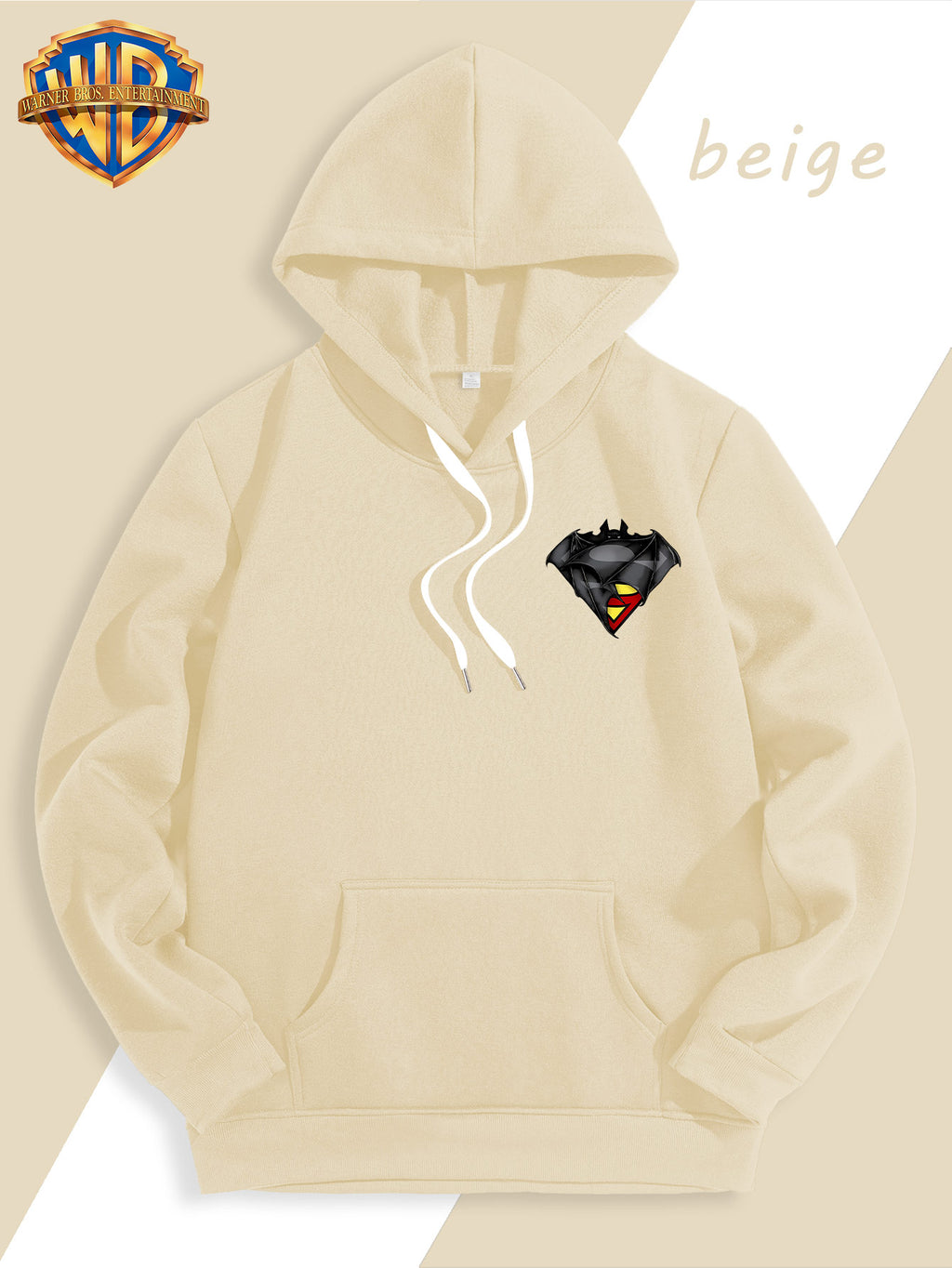 WB Warner Bros DC Official Justice League Superman-Batman Fusion Logo Hooded Sweatshirt - -Lined Hoodie Suitable for Men & Women, Unisex Couple's Gift, Adjustable Drawstring Hood, Iconic Logo Print for Casual Winter Wear, Machine Washable - Apricot