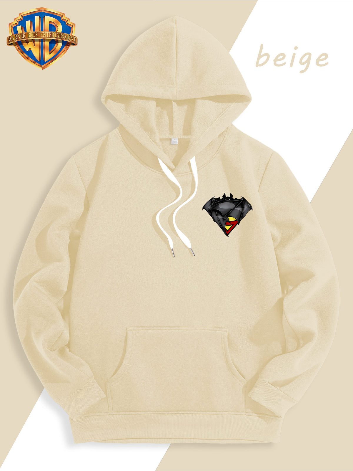 WB Warner Bros DC Official Justice League Superman-Batman Fusion Logo Hooded Sweatshirt - -Lined Hoodie Suitable for Men & Women, Unisex Couple's Gift, Adjustable Drawstring Hood, Iconic Logo Print for Casual Winter Wear, Machine Washable - Apricot