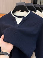 Men'S Waffle Fake Two-Piece V-Neck Knit Long Sleeve Top, Burgundy And White Contrast, Focus on Atmospheric Autumn Casual Wear - SINBOS - Shangqing