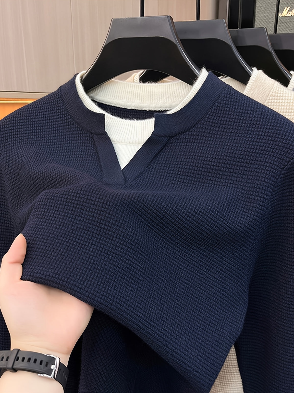 Men'S Waffle Fake Two-Piece V-Neck Knit Long Sleeve Top, Burgundy And White Contrast, Focus on Atmospheric Autumn Casual Wear - SINBOS - Shangqing