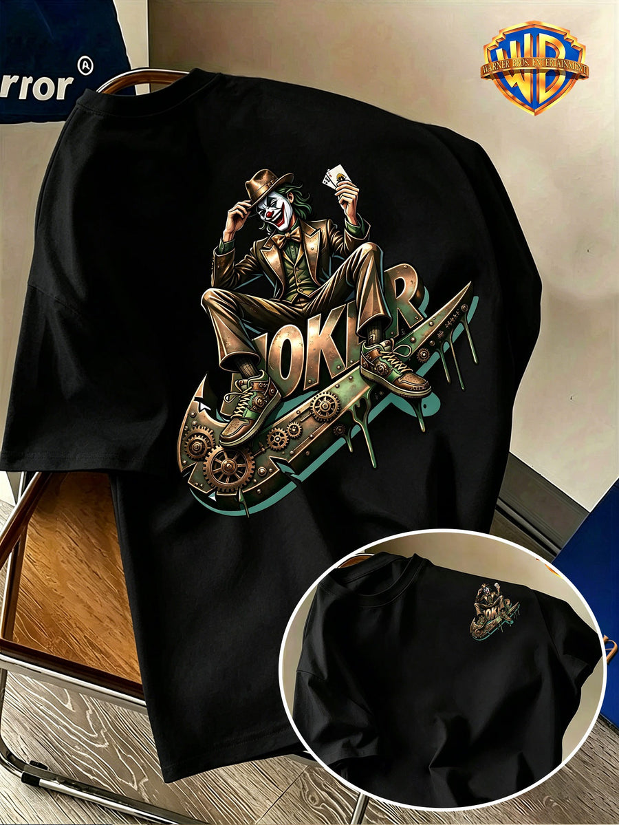 Warner Bros. Official Licensed Men'S Short Sleeve T-Shirt, DC Genuine Mechanical Gear Joker JOKER Print Design, Double-Sided Retro Industrial Style Print, American Retro Streetwear Trendy Style, Spring/Summer Top, Regular Fit, Suitable for Outdoor - Black