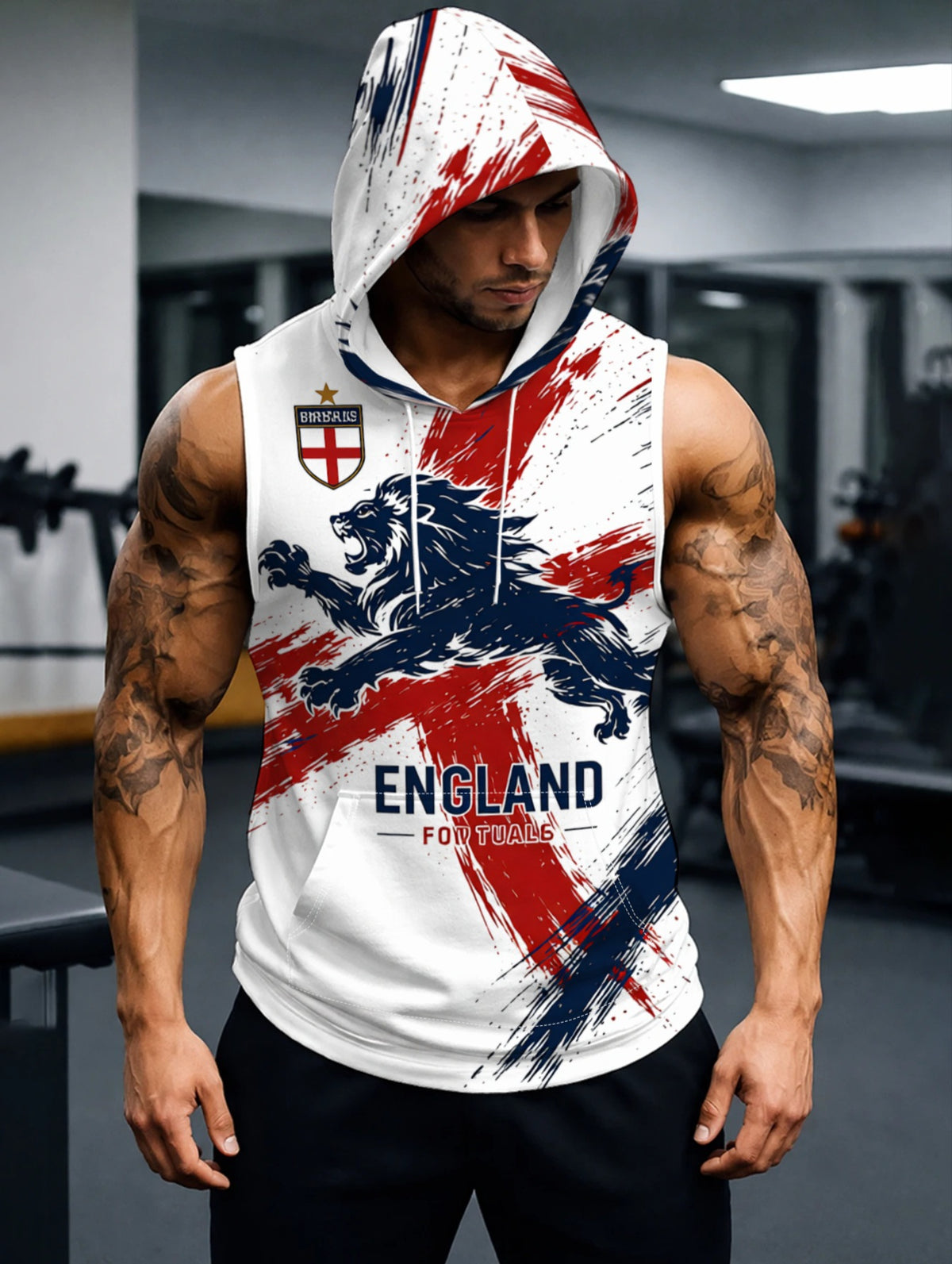 England Themed Hooded Sleeveless Top Breathable Sports Fitness Pullover Trendy Printed Casual Daily Wear Comfortable Loose Fit Apparel for Men's Active Lifestyle - Mixed colors