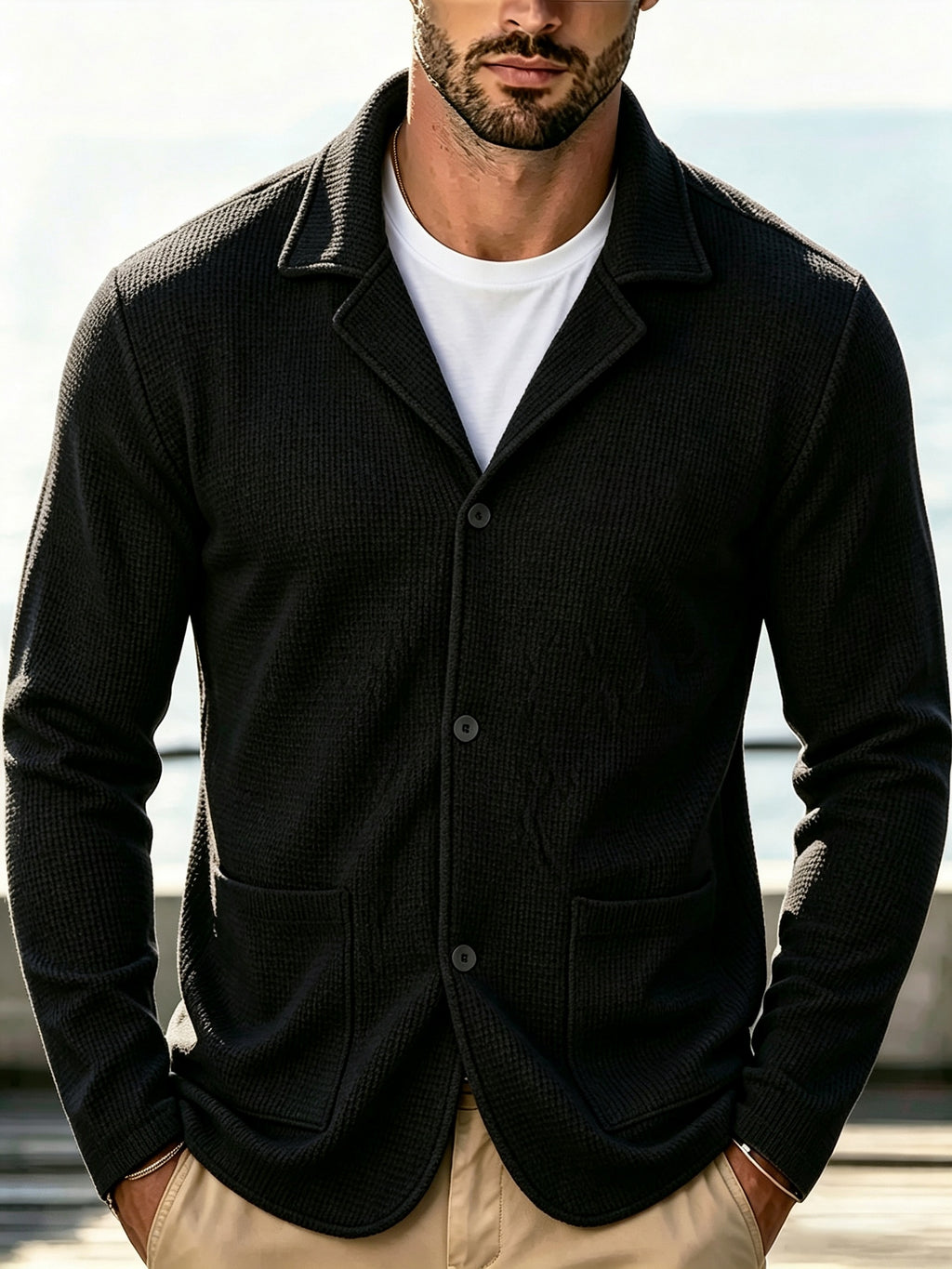 2pcs Men'S Spring Autumn New Waffle Check Blazer Collar Cardigan Single Button Double Pocket Business Casual All-Match Long Sleeve Jacket, Knit Soft Comfortable Fashion Solid Color Outerwear - Black+gray
