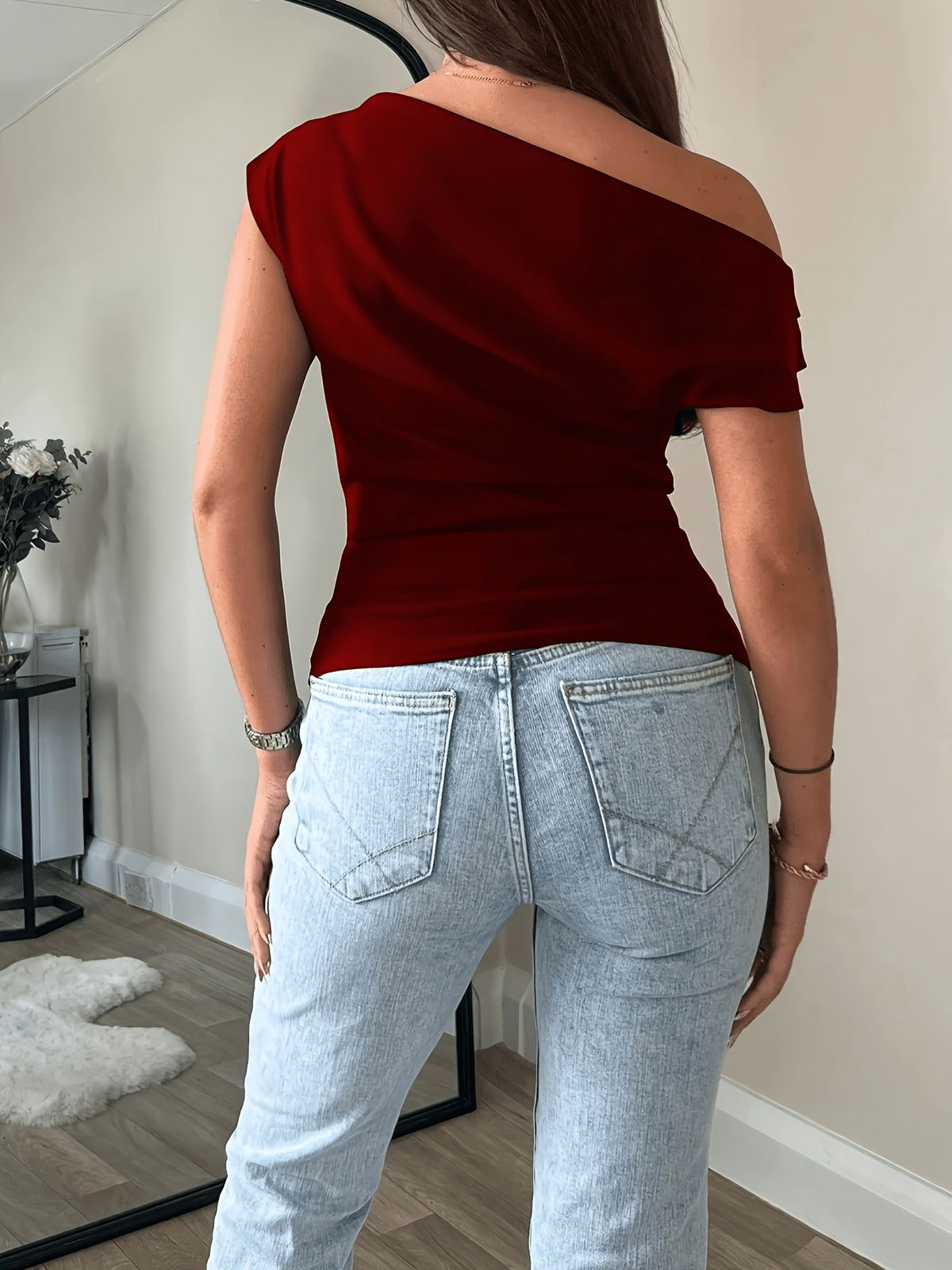 Elegant Casual Fashion Off-Shoulder Short Top Slim Sexy Women'S Blouse - Burgundy