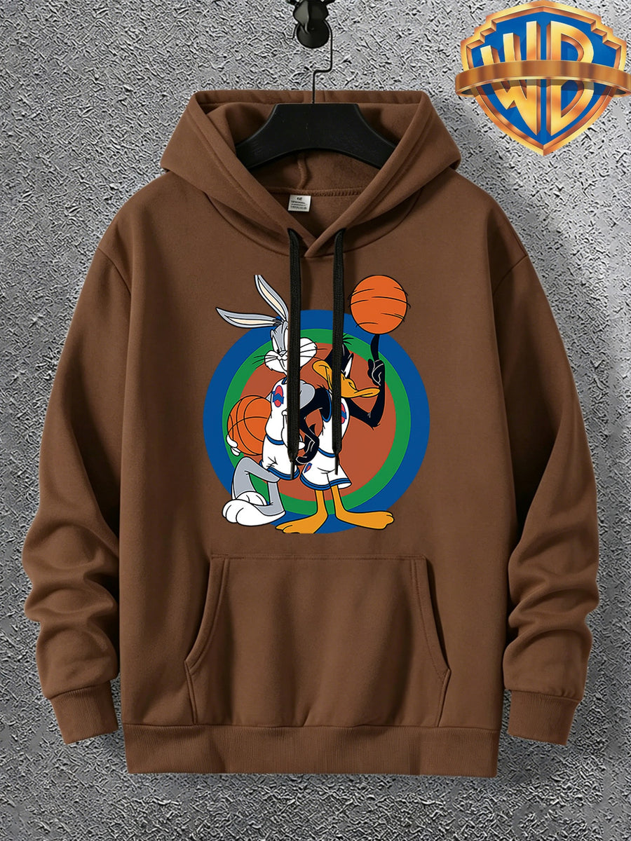 Warner Licensed Men'S Autumn Long Sleeve Hooded Sweatshirt, Durable Ribbed Cuffs, Breathable Polyester Fabric, Round Bottom with Rabbit And Duck Cartoon Print, Suitable for School Youth Casual Wear, Class, Club, Court Activities - Coffee Color