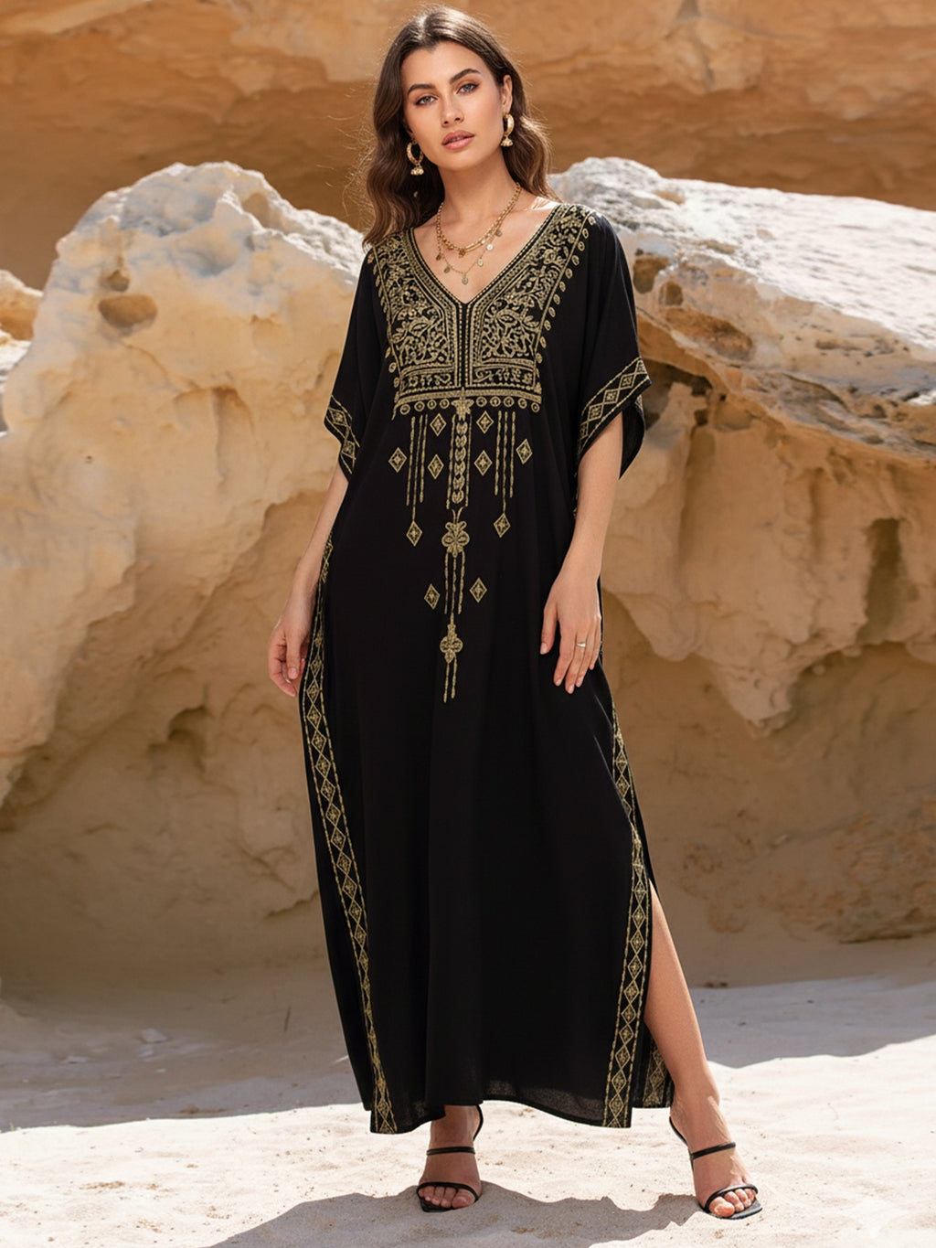 Embroidery Print Causal Short Sleeve Maxi Dress for Women 2026 Summer Split Sides Ethnic Pattern Caftan Robe Loungewear Q1704 - Black